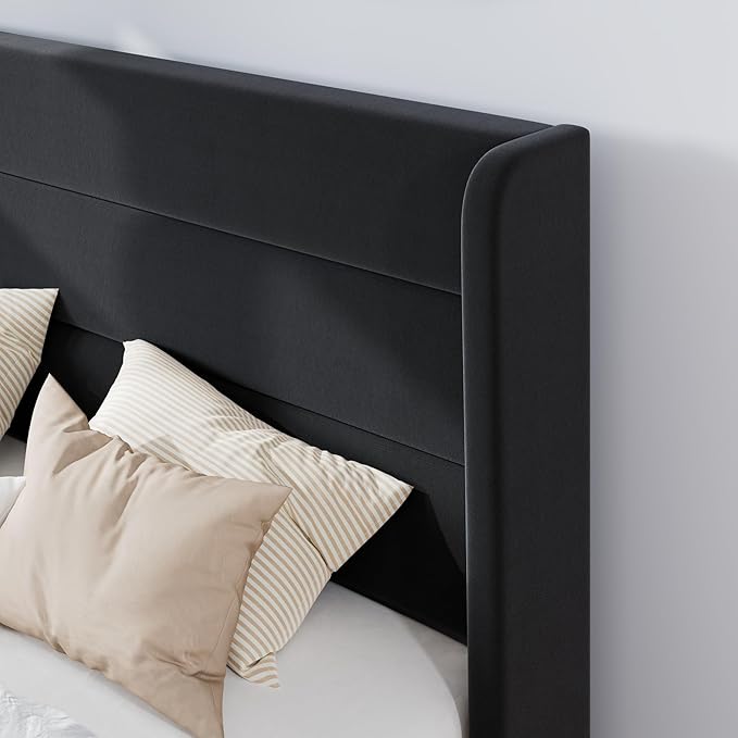 SHA CERLIN King Size Velvet Bed Frame/Vertical Channel Tufted Wingback Headboard/Upholstered Platform Bed with Wooden Slats/Mattress Foundation/No Box Spring Needed/Easy Assembly/Black