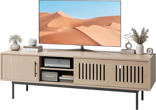 Claiks Mid Century Modern TV Stand for TV up to 70 inch, Entertainment Center with Sliding Barn Doors & Adjustable Shelve, Retro Low Profile Media Console TV Table for Living Room, Natural Oak