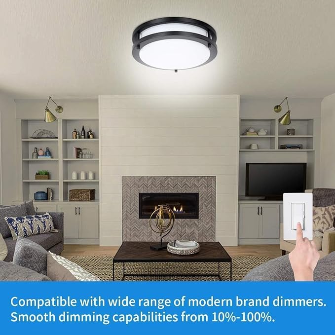 48W Dimmable LED Ceiling Light Fixture, Flush Mount Light Fixture for Kitchen, Bathroom, Bedroom, Garage, 5000 Lumens, 500W Equivalent, 13.2in, Daylight 5000K, Black