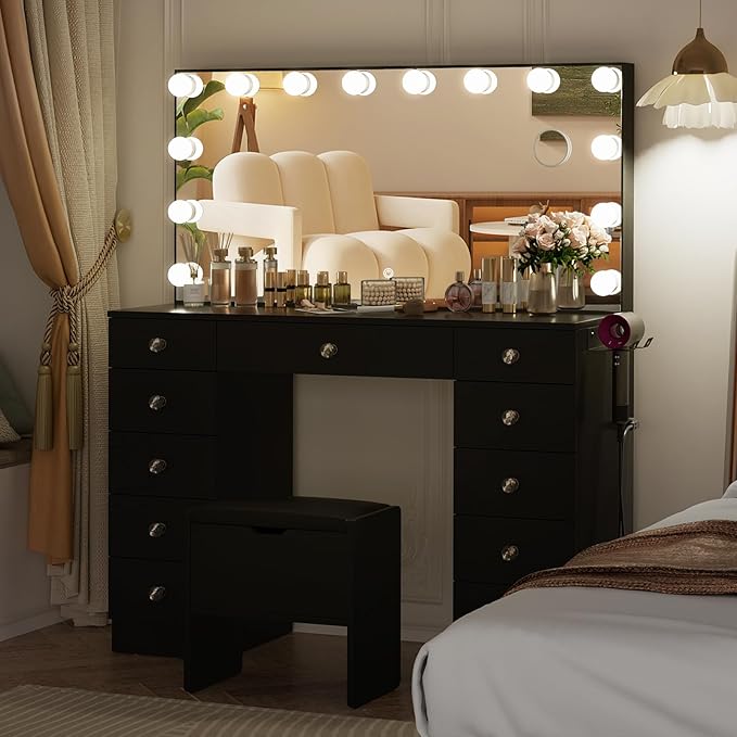 VOWNER Vanity with Lighted Mirror - Makeup Vanity Desk with Lights and 11 Drawers, 3 Color Lighting Modes Adjustable Brightness, 46" Makeup Desk with Soft Cushioned Stool for Bedroom, Black
