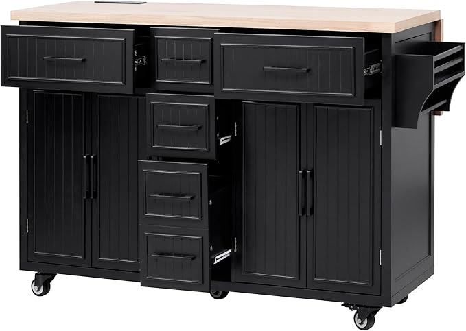 Merax 56.5" Kitchen Island with Drop Leaf, Power Outlet, Embossed Vertical Stripe Rolling Kitchen Cart on Wheels with 4 Doors, 5 Deep Drawers and Adjustable Shelves for Dining Room, Black