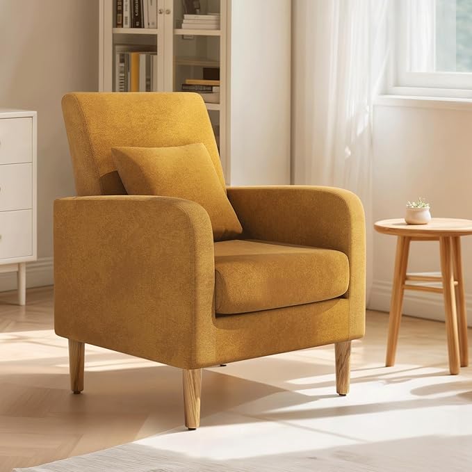 Magshion Mid-Century Accent Chair for Living Room, Comfy Reading Chair for Bedroom, Upholstered Linen Fabric Armchair Single Sofa with Back Pillow & Wood Legs, 300 lbs Capacity, Yellow