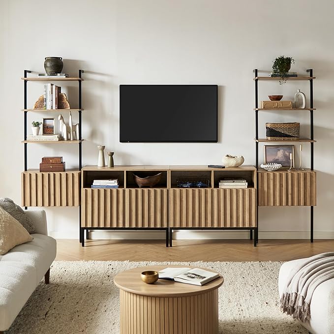 mopio Norwin 4 Piece Entertainment Center with Storage, 70" TV Stand, Industrial Modern Television Accent Cabinet, Wood Media Console Table with 3-Tier Shelf Bookcase (Oak 3-Tier Set TV Stand)