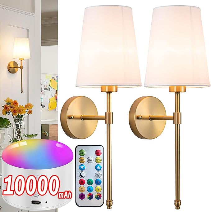 Battery Operated Wall Sconce Set of 2, Rechargeable Wall Sconce with 10000mAh Bulb and Remote Control, Up to 50 Hrs Use, RGB Dimmable Wireless Wall Lights for Living Room Bedroom Hallway