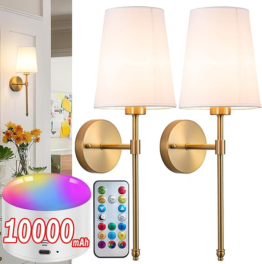 Battery Operated Wall Sconce Set of 2, Rechargeable Wall Sconce with 10000mAh Bulb and Remote Control, Up to 50 Hrs Use, RGB Dimmable Wireless Wall Lights for Living Room Bedroom Hallway