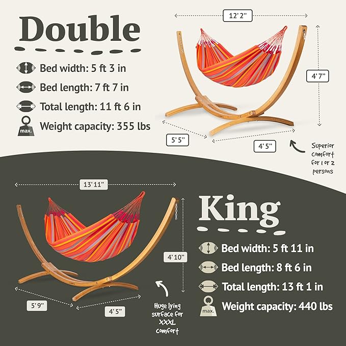 LA SIESTA® - XL King Brisa Classic Hammock & Elipso Stand - Larch Wood Hammock Stand - Weather & Tear Resistant - Backyard Outdoor Hammock with Stand - Family Hammock and Stand - Max 440 Lbs, Toucan