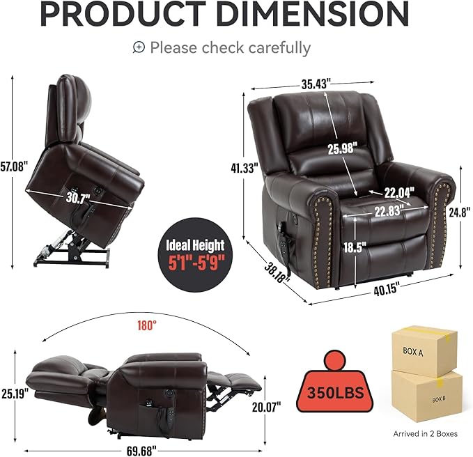 Dual Motor Power Lift Chair, Lay Flat Recliner Chair, Electric Recliner with Massage and Heat for Elderly, Remote Control, Infinite Position, Standing Assistance, USB Ports, Faux Leather, Brown