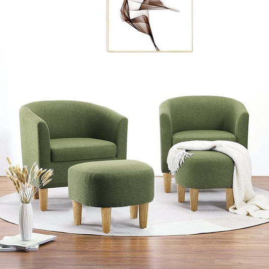 DAZONE Accent Chairs Set of 2 Mid Century Modern Chair with Ottoman Comfy Armchair Footrest Set Comfortable Living Room Chairs Upholstered Barrel Club Tub Sofa Chair for Bedroom Reading Room Green