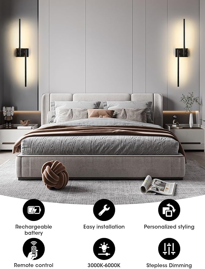Battery Operated Wall Sconce, 30.7 in Wall Sconces Set of Two Battery Operated, 6000mAh Rechargeable Wall Sconces Battery with Remote, LED Wireless Wall Light for Living Room