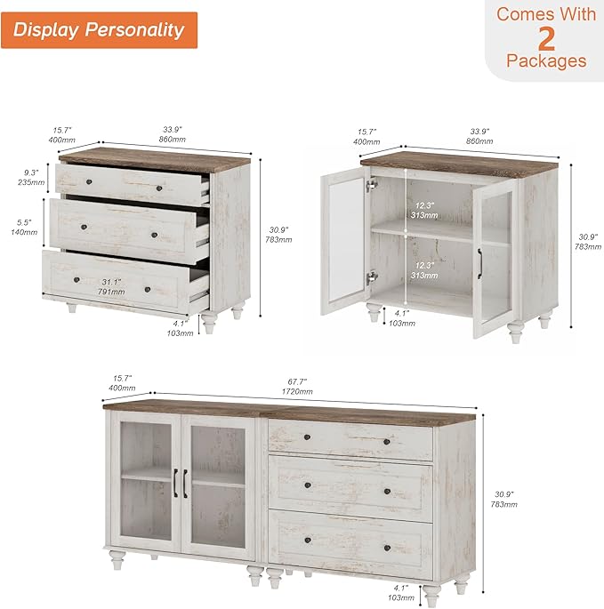 WAMPAT TV Stand for 75 Inch TV, Wood TV Cabinet Entertainment Center Television Stands for Living Room, 2-in-1 Sideboard Buffet Cabinet with Glass Door & Drawer for Kitchen, Rustic White