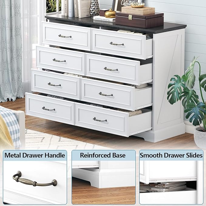 Dresser for Bedroom with 8 Drawer, Farmhouse Dresser for Closet,47'' Wide Rustic Wooden Chest of Drawers with Natural Wood Texture, Vintage Storage Organizer for Living Room, Hallway, White
