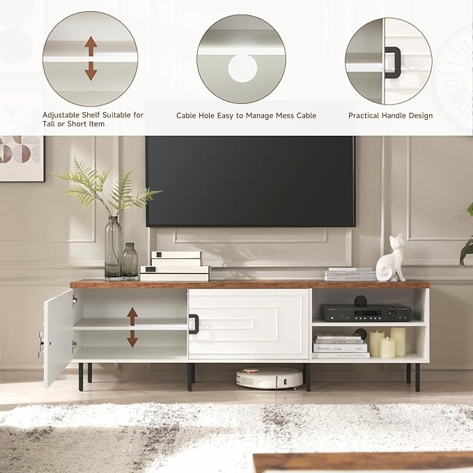 White TV Stand for Living Room, 70" Farmhouse TV Stand for 50/60/70/80 inch TV, Modern Entertainment Center with Adjustable Shelf and Cabinets, Long Media Console Table with Solid Feet