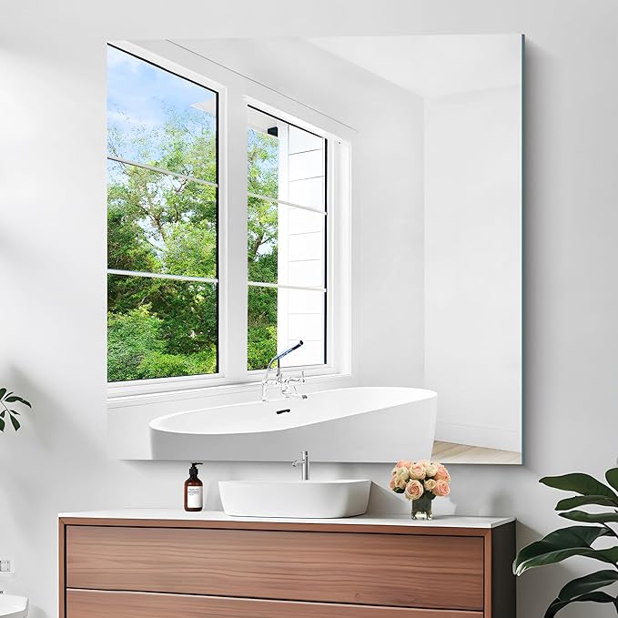 KOCUUY Large Frameless Mirror,48x48 Inch Square Bathroom Vanity Mirror for Over Sink, Upgraded Shatterproof Unframed Design for Bedroom, Living Room, Entryway