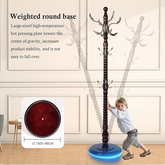 Coat Rack Stand, Solid Wooden Coat Tree with 14 Hooks, Heavy Duty Coat Rack Freestanding with Sturdy Round Base, Natural Birch Wood Coat Hanger Stand for Entryway Bedroom (Metal hook)