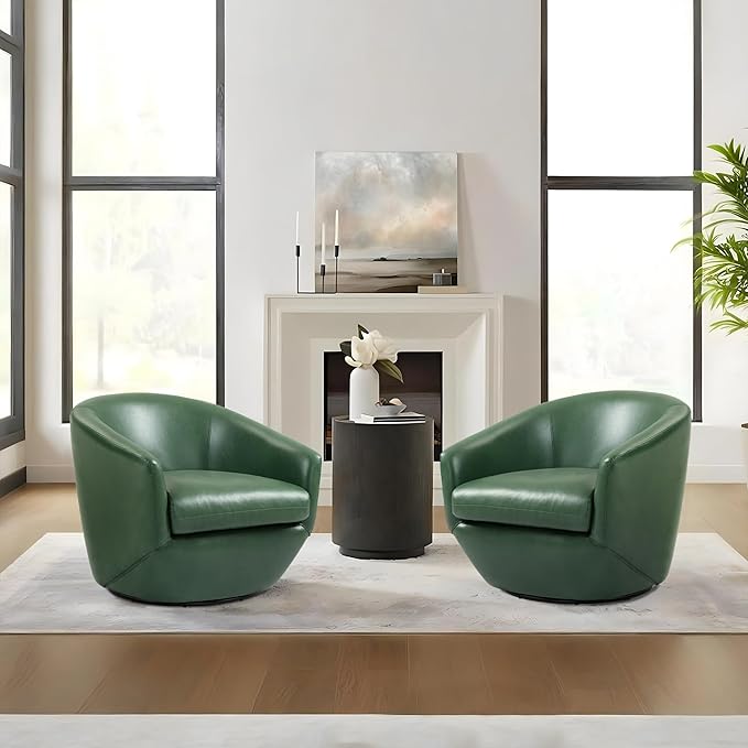 Swivel Barrel Accent Chair, Modern Round Faux Leather Arm Chair for Living Room, Bedroom, Comfy Club Reading Chairs for Adults(Faux Leather, Green, Set of 1)