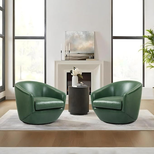Swivel Barrel Accent Chair, Modern Round Faux Leather Arm Chair for Living Room, Bedroom, Comfy Club Reading Chairs for Adults(Faux Leather, Green, Set of 2)