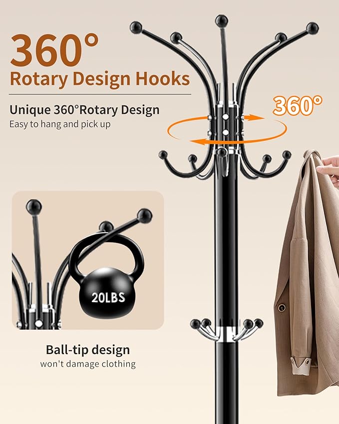 Metal Coat Rack with Natural Marble Base,360°Rotary Coat Rack Stand with 14 Hooks,Modern Freestanging Coat Racks for Entryway,Office,Black Coat Jacket Hanger Tree Stand for Coats, Scarves