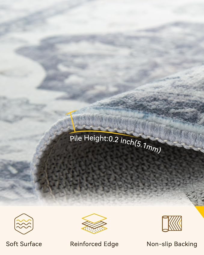 Area Rugs 2'x6' Washable Non-Slip, Floral Vintage Distress Print Pattern Medallion Carpet for Living Room Bedroom Dining Room, Light Gray Grey White