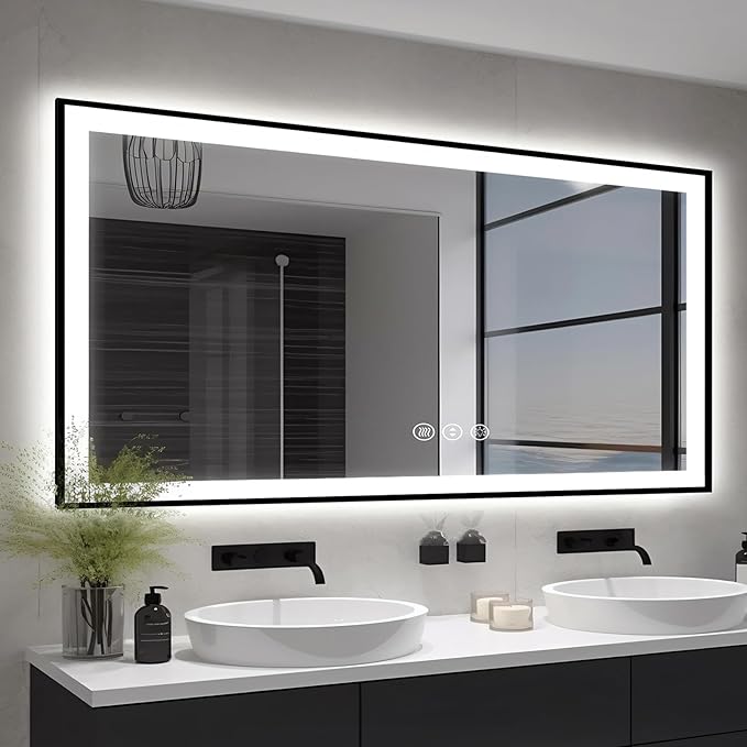 60x30 Large LED Bathroom Vanity Mirror - Black Aluminum Framed, Anti-Fog Illuminated, Stepless Dimmable, 3 Colors Smart (Horizontal/Vertical)