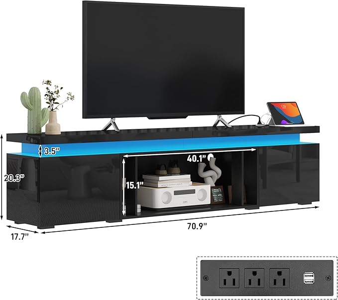 83Inch LED TV Stand for 95Inch TV, Modern TV Stand with Power Outlet, High Gloss TV Console Entertainment Center with Storage for Living Room (83 Inch, Black)