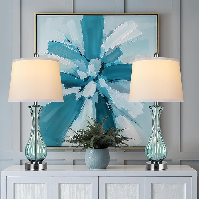 27.5" Coastal Glass Table Lamp Set of 2, 3-Way Dimmable Full Touch Control Beach Lamp with USB A+C Port, Blue Glass Nautical Bedside Lamp with White Shade for Living Room Bedroom(LED Bulbs Included)