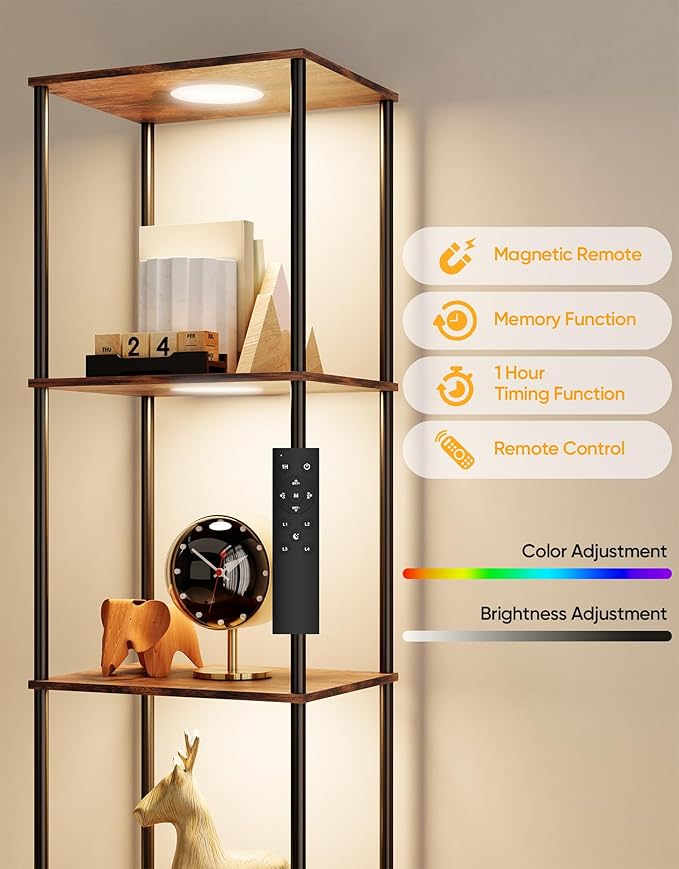 Display Shelf with RGBW Light, Color Changing Curio Cabinet Floor Lamp with Shelves Corner Standing Column Lamp Etagere Organizer Tower Nightstand Bookcase for Living Room Bedroom Office Décor, Brown