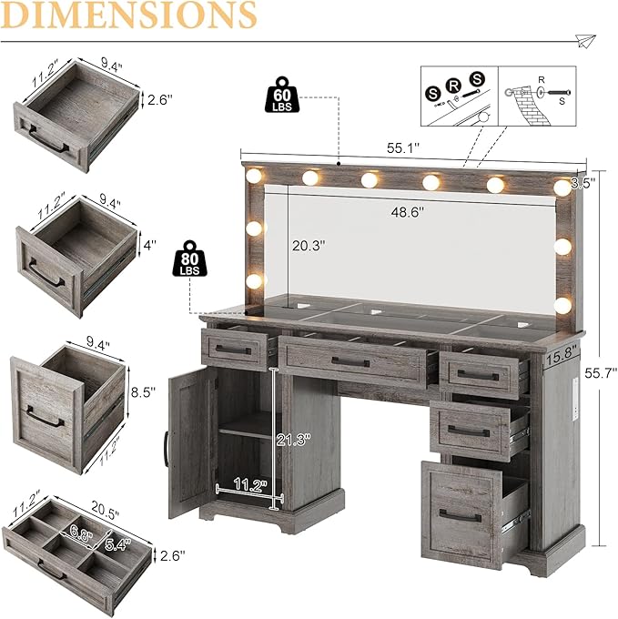 55" Farmhouse Vanity Desk with Large Mirror & Lights, Glass Top Large Makeup Vanity Table with 10 Hollywood Lights Bulbs, Charging Station, 5 Drawers, Dressing Table for Bedroom, Rustic Grey