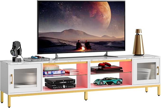 Bestier 80 Inch TV Stand for TVs Up to 85", 4 in 1 Entertainment Center with LED Lights, Modern Media Console Table with 2 Storage Cabinets & Adjustable Shelves for Living Room Bedroom, White Marble