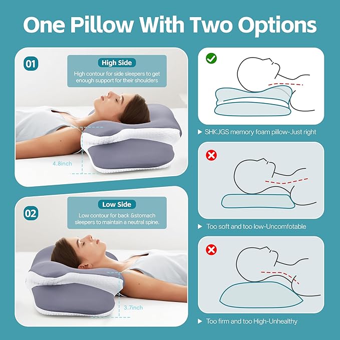 Cervical Neck Pillow for Neck Pain Relief & Support - Cooling Ergonomic Memory Foam Pillow with Dual-Height Contour & Ice Silk Cover for Side, Back, Stomach Sleepers,Grey