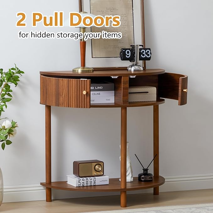 Fluted Half Moon Console Table, Modern Small Entry Sofa Table with Storage, Solid Wood Legs Narrow Entryway Table for Living Room, Hallway, Foyer(Walnut)