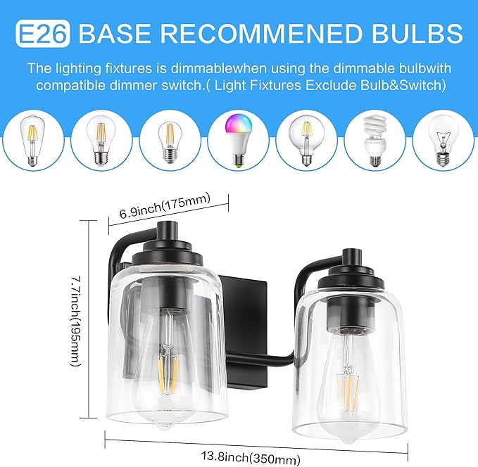 SOLFART Matt Black 2 Lights Wall Sconces Bathroom Light Fixtures Wall Light Fixtures Lighting Fixtures Over Mirror 13.8 Inch Wall Mount