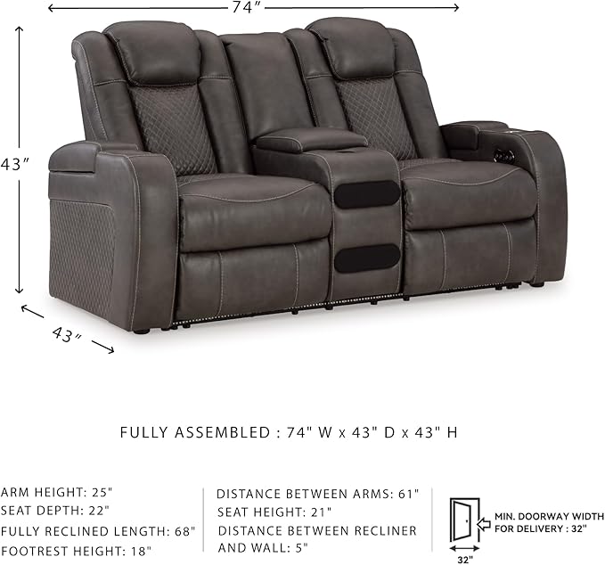Signature Design by Ashley Fyne-Dyme Contemporary Power Reclining Loveseat with Console, USB Charging Ports and Adjustable Headrest, Gray