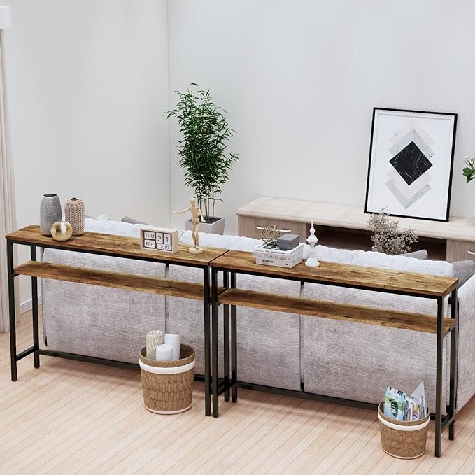 Narrow Console Table, 47 Inch Sofa Table with Adjustable Shelf, 2-Tier Long Skinny Table for Hallway, Entryway, Living Room, Foyer, Rustic Brown