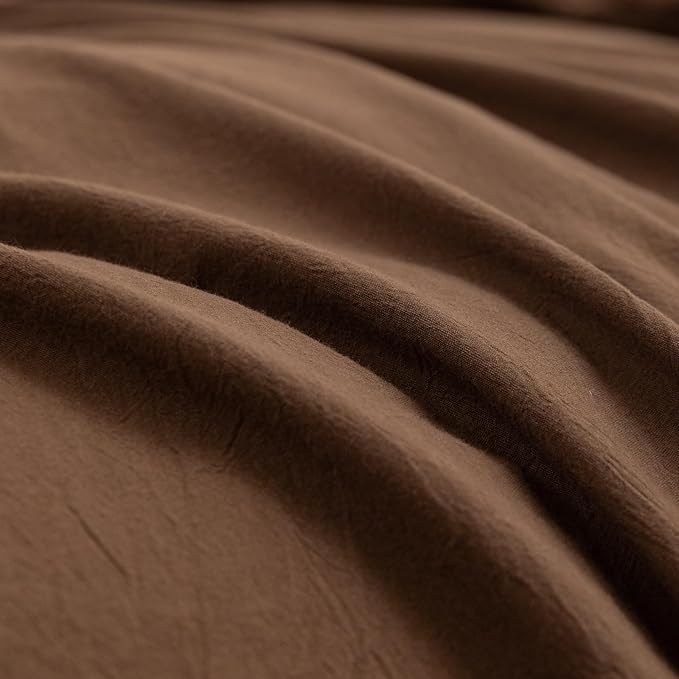 BESTOUCH Duvet Cover Set 100% Washed Cotton Linen Feel Super Soft Comfortable Chic Lightweight 3 PCs Home Bedding Set Solid Cocoa Brown Full/Double