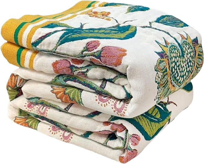 Boho Throw Blanket for Bed-100% Cotton Soft Breathable Farmhouse Decor Boho Quilt for Sofa (Flower Bird, 90"x98")
