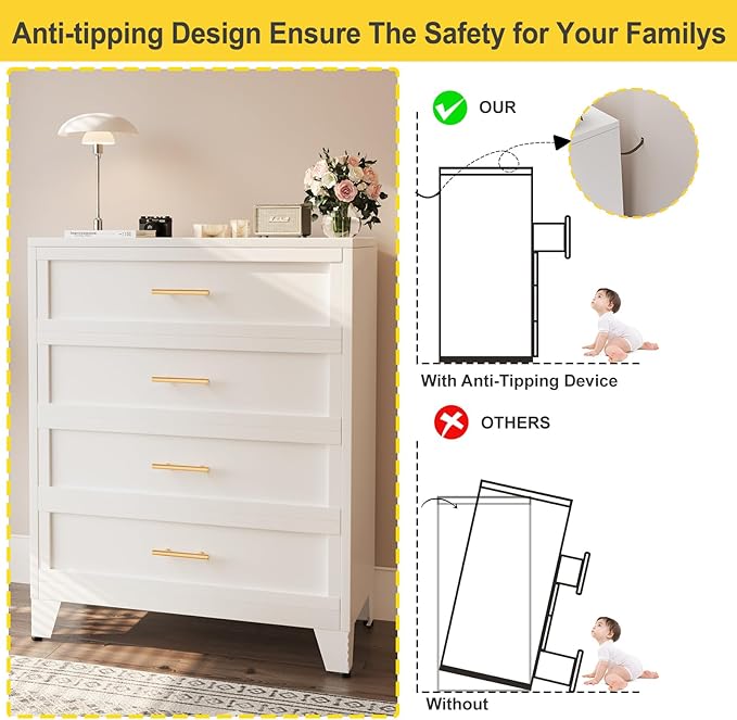 43.11" Tall Metal Dresser for Bedroom, 4 Drawer White Dresser Chest with Gold Handles, Closet Dressers Chests with Fluted Panel, Vertical Storage Cabinet for Living Room, Entryway, Hallway