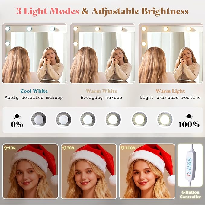 AMERLIFE 47.2" Fluted Vanity Desk with Large Mirror and Adjustable LED Lights, 7 Drawers Makeup Table with Glass Top and Charging Station for Women and Girls, Bedroom or Dorm, White