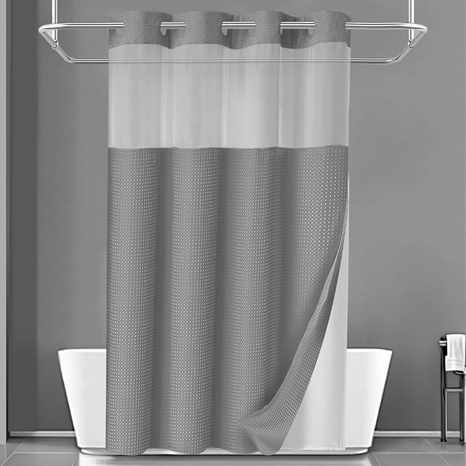 YellyHommy No Hook Shower Curtain with Snap in Liner Set Less Time Grey Waffle Shower Curtain for Bathroom 75" L x 54" W Gray