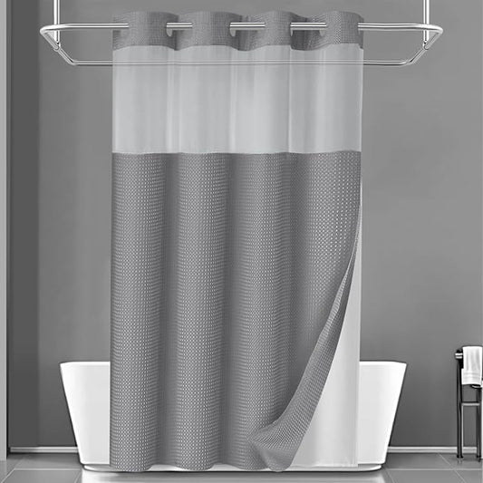 YellyHommy No Hook Shower Curtain with Snap in Liner Set Less Time Grey Waffle Shower Curtain for Bathroom 75" L x 54" W Gray