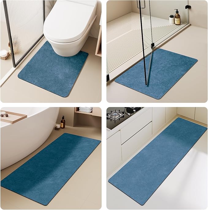 Bathroom Mat Quick Dry, Bathroom Rugs Non Slip Washable Thin Absorbent Bath Mat Fits Under Door Bathroom Floor Mat Perfect for Bath, Shower, or Sink 24"x60" Denim Blue