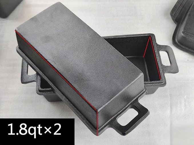 2-In-1 Cast Iron Oven Pan - 9"x5" Durable Loaf Pans Rectangular Baking Pan with Banneton Bread Proofing Basket set for home baking, 2 Piece Set -1.8 QT×2 Pcs (Silicone mats, Bread Pan 6 Set)