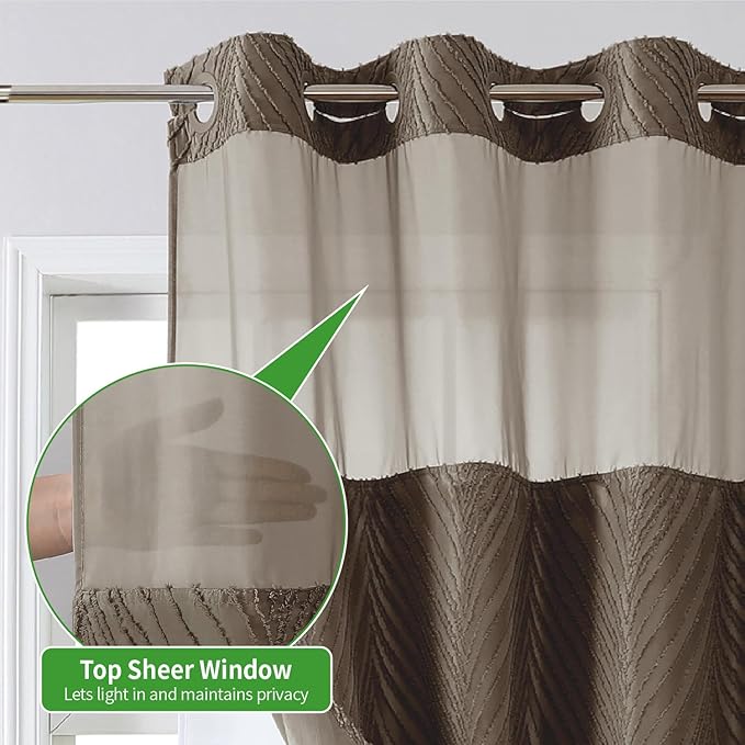 no Hook Shower Curtain and Liner Set，Boho Style with See Through Top Window, Brown Fabric Tufted Striped Textured Outer Curtain & Waterproof Inner Liner, Brown, 71Wx98H