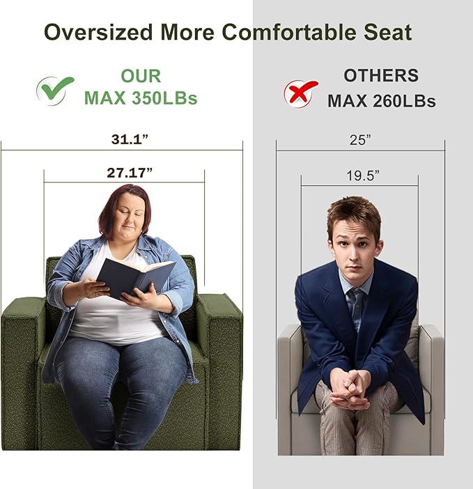 ELUCHANG Oversized Accent Chair,Modern Boucle Sofa Chair with Strong Wood Frame,High Supportive & Soft Sponges,Comfy Upholstered Armchair Reading Chairs for Living Room Apartment Small Spaces Green