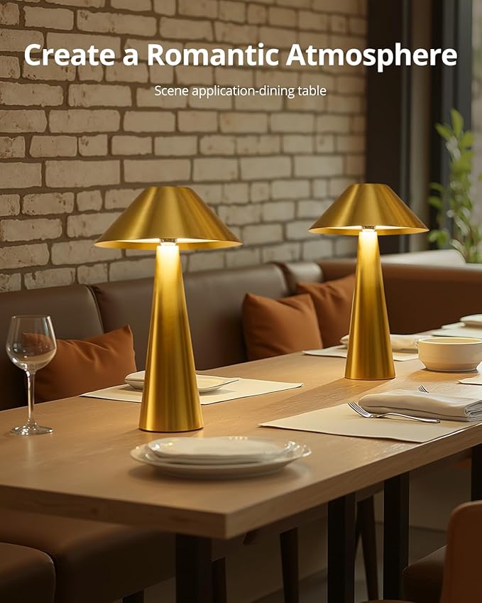 Bojim 2 Pack Rechargeable Cordless Table Lamp, Gold LED Battery Operated Wireless Table Lights, Touch for Color Changing Dimmable, IP54 Waterproof for Restaurant, Dining, Outdoor, Patio, Outside