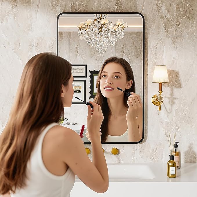 Bathroom Mirror 30" X 22" Wall Mount Dresser Metal Frame Rounded Rectangular Mirror Over Sink Vanity Hungs Horizontally Or Vertically for Bedroom, Entryway, Living Room,Black