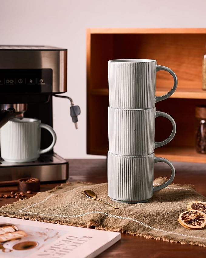 famiware Coffee Mug Set for 6, Star 12 oz Catering Mugs Cup Set with Handle for Coffee, Tea, Cocoa, Milk - Ceramic Stoneware Drinkware Set, Matte Grey