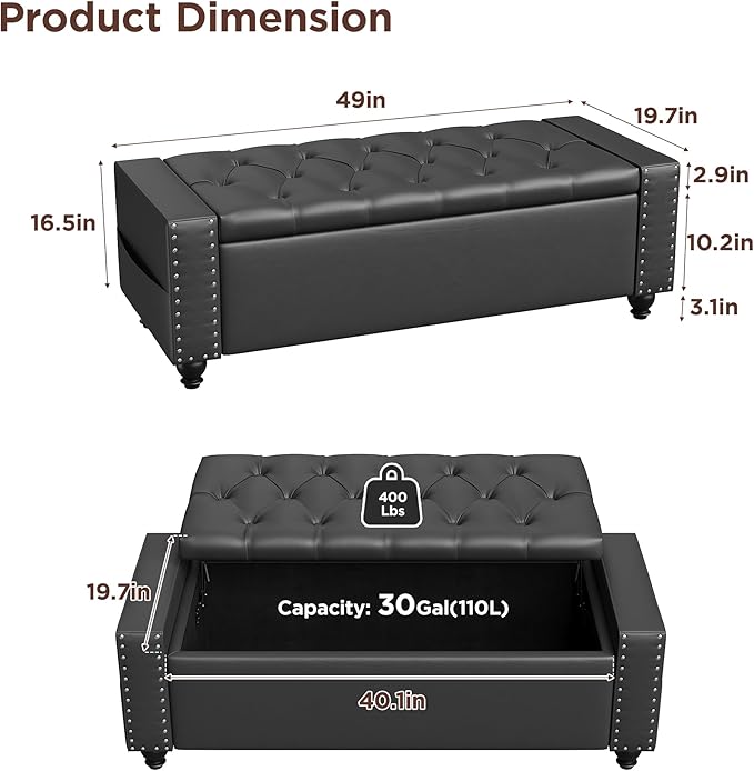 Maupvit Storage Ottoman Bench, 49 Inch Bedroom Bench, Upholstered Ottoman with Storage, Entryway Bench with Tufted Button, Faux Leather Window Bench for Bedroom, Living Room, Entryway, Hallway, Black