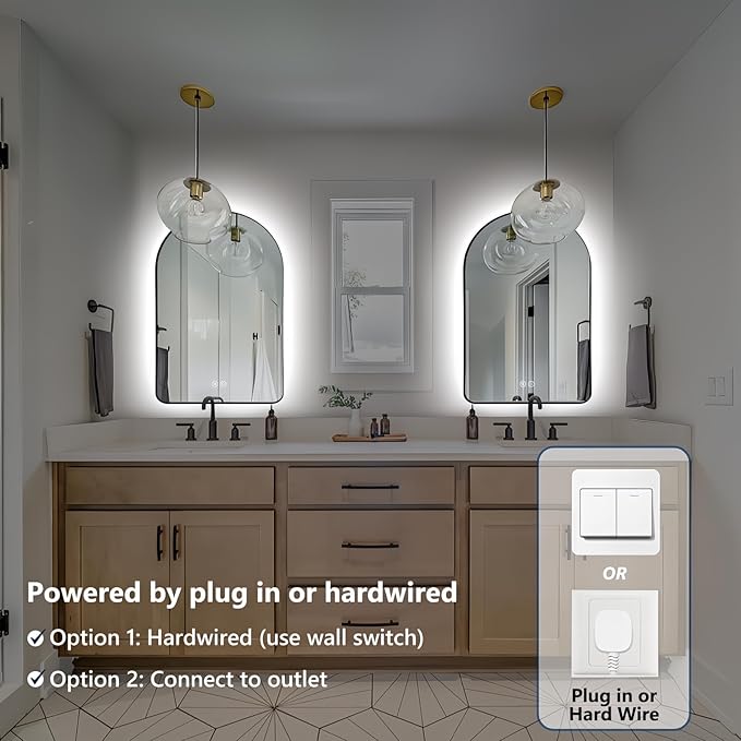 Niccy Arched LED Lighted Bathroom Mirror, 48x30 Inch Backlit Vanity Bathroom Mirror with Lights Brushed Black Framed Wall Mounted Mirrors with 3 Color Shatterproof Arch Smart Fog Free Mirror