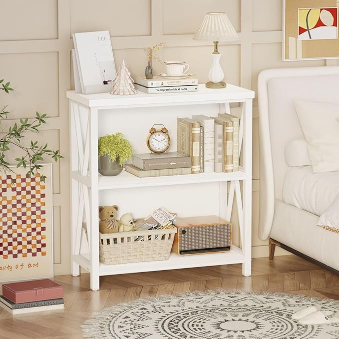 FATORRI Small Bookshelf for Small Space, Short Rustic Low Bookcase, Modern Wood and Metal Book Shelf and Narrow Book Case for Living Room, Hallway (White Oak)