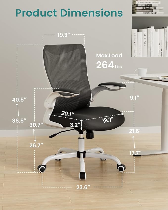 Office Chair, Ergonomic Desk Chair with Adjustable Lumbar Support and Flip up Armrest, Breathable Mesh Computer Chair for Home Office, White